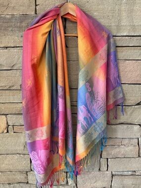 Vibrant Multicolor Pashmina Woven Fringe Scarf - Sunset Hues, Llamas, Insects